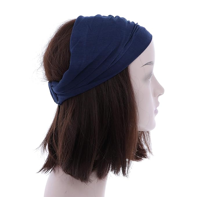 Motique Accessories Navy Wide Cotton Head Band Solid Boho Yoga Style Soft Hairband