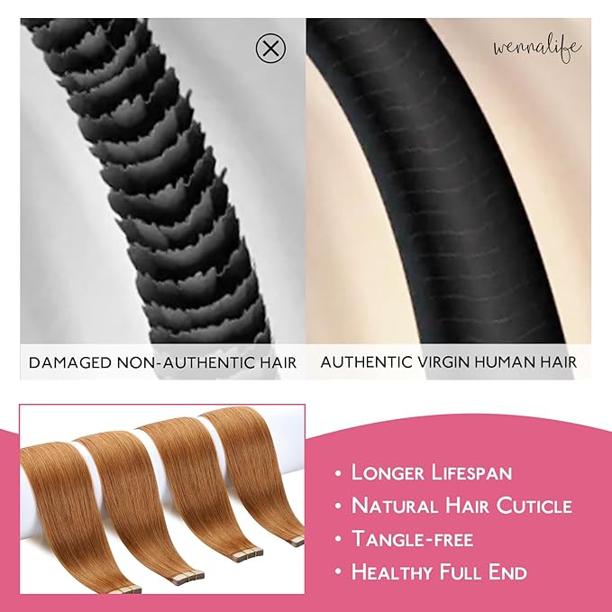 Wennalife Tape in Hair Extensions Human Hair Auburn Ginger Tape in Extensions, 10pcs 30g 20 inch Remy Invisible Tape Ins Straight Colored Soft Real Human Hair Tape in Extensions Refill Set Extensions