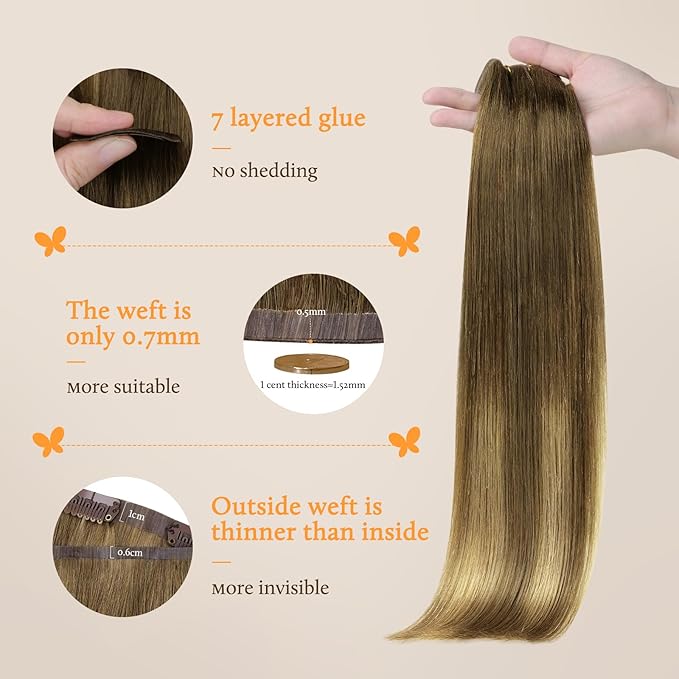 DOORES Human Hair Clip in Extensions, Medium Brown Highlighted Dirty Blonde 7pcs 110g 22 Inch, Seamless With Skin Weft Remy Hair Extensions Invisible Edge
