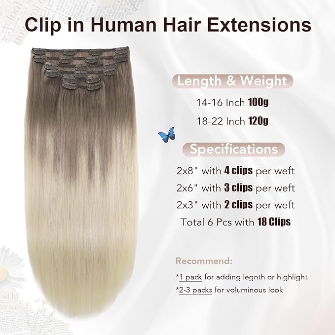 XDhair Hair Extensions Clip in Human Hair 100g 14 Inch Ash Brown to Platinum Blonde Human Hair Clip in Extensions Double Weft 6pcs for Women(14, #8T60)