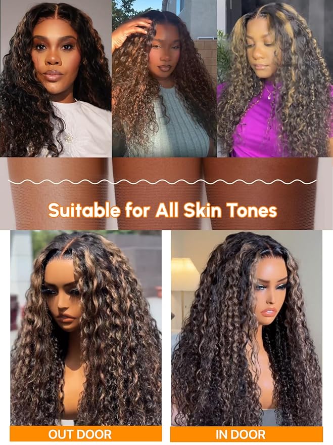 Julia Hair Golden Brown Highlight Water Wave and Jerry Curly Wig Mixed Curls 13X4 Lace Front Pre Everything Wigs Glueless Human Hair Lace Frontal with Invisi Drawstring Ready to Go 26 Inch