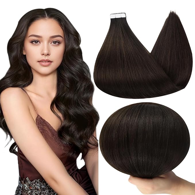 Full Shine Brown Tape in Hair Extensions Human Hair 12 Inch Short Soft Hair Extensions Tape in Color 2 Darkest Brown Double Sided Tape in Extensions Remy Human Hair for Women Add Volume 30G 20Pcs