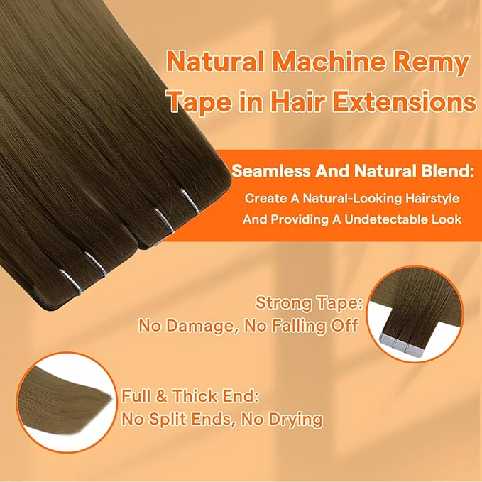 Full Shine Injection Tape in Human Hair Extensions Color R3 Dark Brown to 8 Light Brown Injected Tape in Hair Extensions Human Hair 16 Inch Silky Straight Hair 10Gram 5Pcs for Transitioning Hair