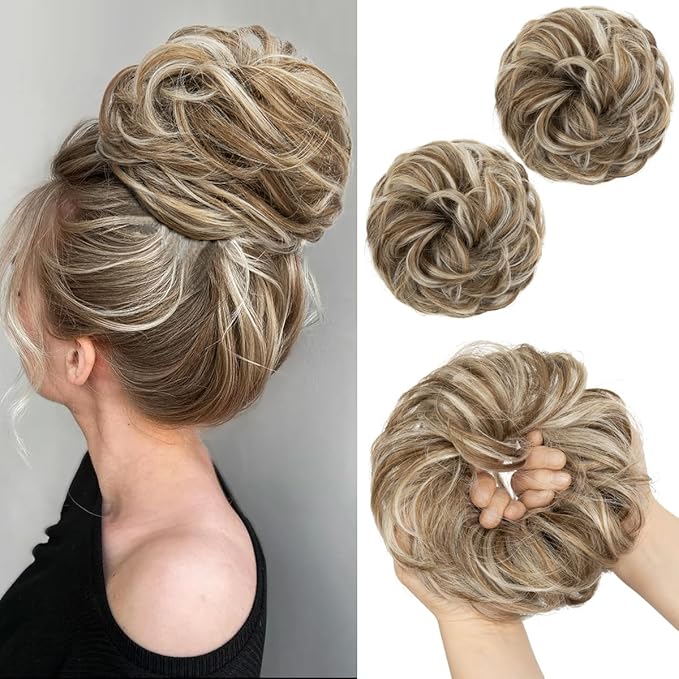 SARLA 2PCS Messy Hair Bun Hair Pieces Wavy Curly Synthetic Updo Fake Scrunchies Ponytail Extension for Women Golden Blonde