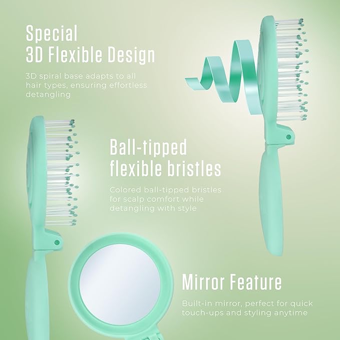 Mini Detangler Travel Hair Brush with Mirror, Makaron Hair Brushes for Women, Men and Kids, Unique 3D Flexible Design for All Hair Types, Styling Accessory, Travel Essentials for Women (MINT)