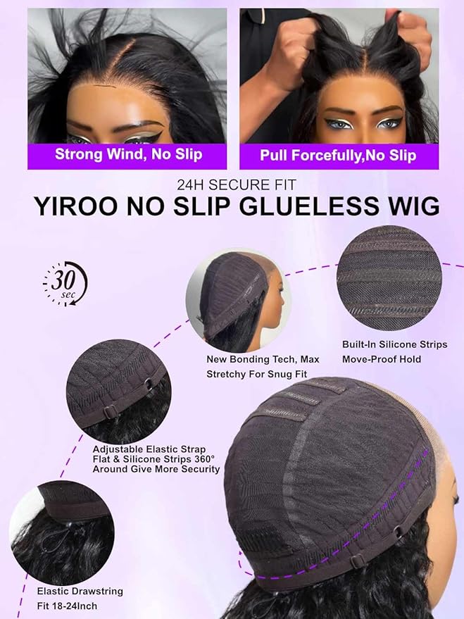 YIROO No Slip 7x5 Bye Bye Knots Yaki Straight Lace Front Glueless Drawstring Wig Human Hair with Deep Stretch Cap Fits All Head Sizes,Pre-Plucked Pre-Cut Wear and Go Wig for Women 150% Density 22Inch