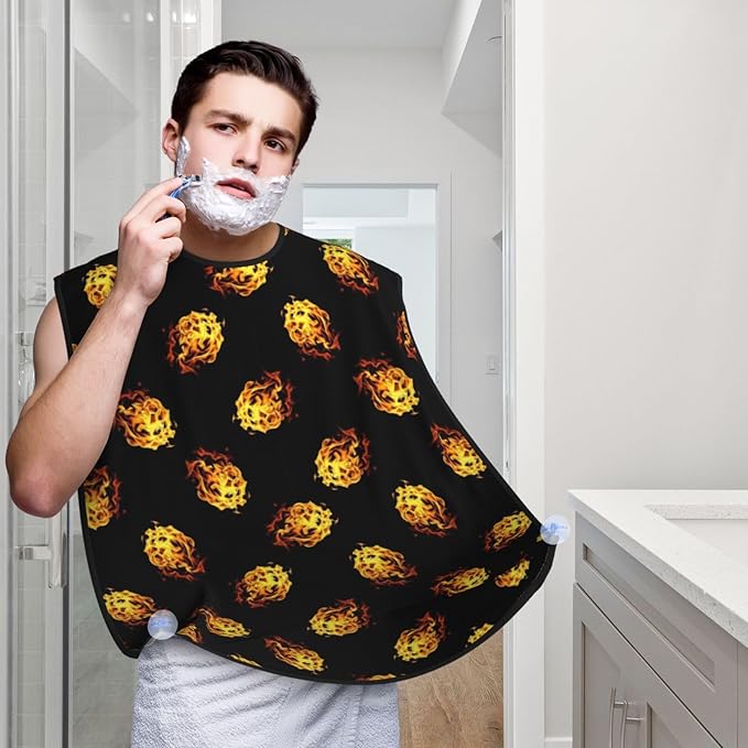 Stretchable Beard Cape, Non-Stick Hair Catcher for Trimming, Waterproof Grooming Apron, Burning Fire Flame On Black
