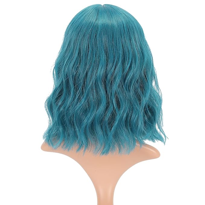 FAELBATY Blue Wig Short Bob Wigs With Bangs Shoulder Length Wig For Women Curly Wavy Synthetic Cosplay Wig for Girl Costume Wigs (12" blue color)
