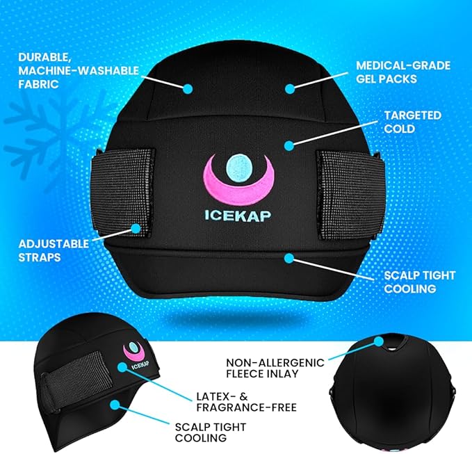 Cold Cap for Migraine Relief & Chemo, Longer Lasting Cold Swappable Gel Packs, Adjustable Compression, Class 1 Medical Device for Scalp, Concussion Relief, Chemo. Fitted Sizes, Machine Washable