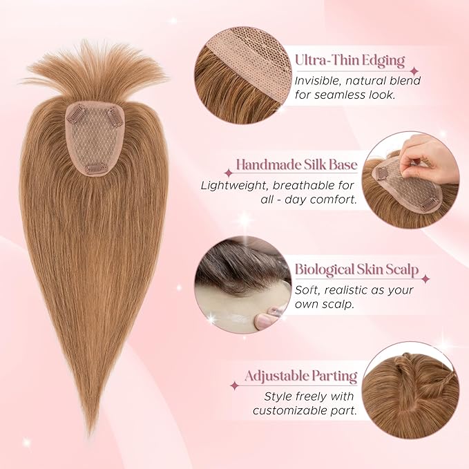 Real Human Hair Toppers for Women 3.54"*4.72" Silky Base 150% Density With Bangs Adjustable Parting Clip-In Topper Hairpieces for Women with Thinning Hair 14 Inches Light Brown