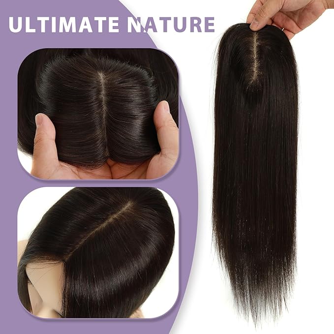 Hair Toppers for Women Real Human Hair, 3x5 Inch Injected Silk Base No Bangs 16 Inch Length 130% Density Hairpieces #1C Natural Black (Subtle Red Undertones in Sunlight)