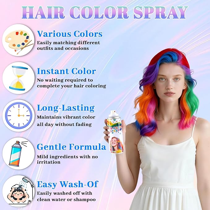 6 Pcs Temporary Hair Color Spray,Non-Stick Hairspray for Kids Girls Women Men,One-day Washable Hair Dye Spray for Party Halloween Cosplay DIY Christmas. (Red&Blue&Purple&Orange&Green&Pink)