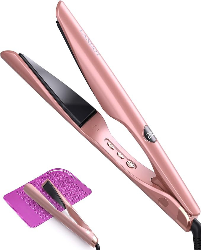 LANDOT 2-in-1 Hair Straightener and Curling Iron: Twist Flat Iron Curler for Curl Wave Straighten - Ceramic Straightening Iron Dual Voltage 12 Temp 250-450F for Smooth Curls & Sleek Straight Results