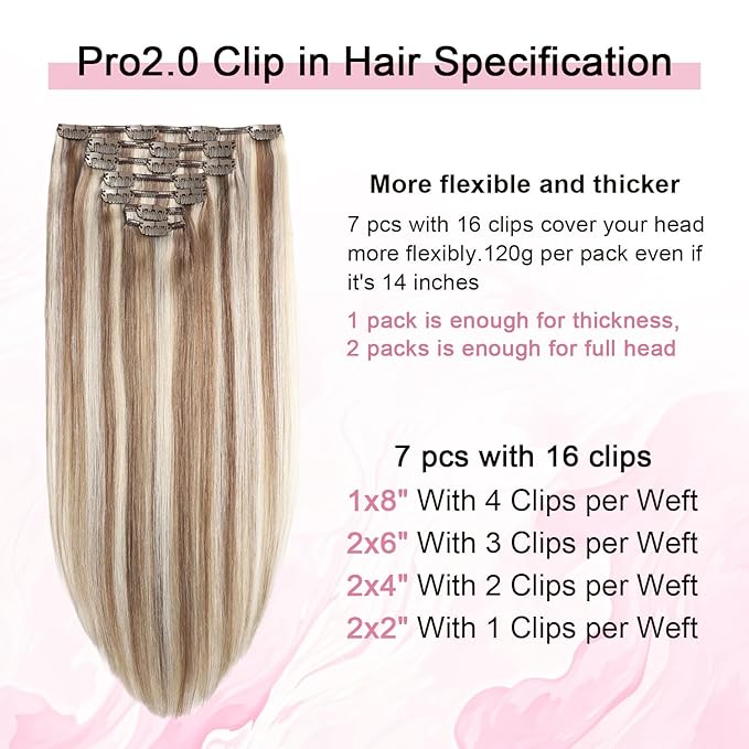 Pro2.0 Clip in Hair Extensions Real Human Hair 20inch 7pcs Color #8p60 Brown Highlights Platinum Blonde Remy Real Human Hair Extensions Clip ins 120g Thick Double Weft（#8p60-20inch）