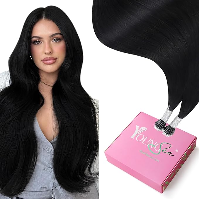 YoungSee Nano Ring Hair Extensions Real Human Hair Black 20 inch Nano Beads Hair Extensions Black Nano-link Hair Extension Human Hair Long Straight 1g/s 50g for Instant Length