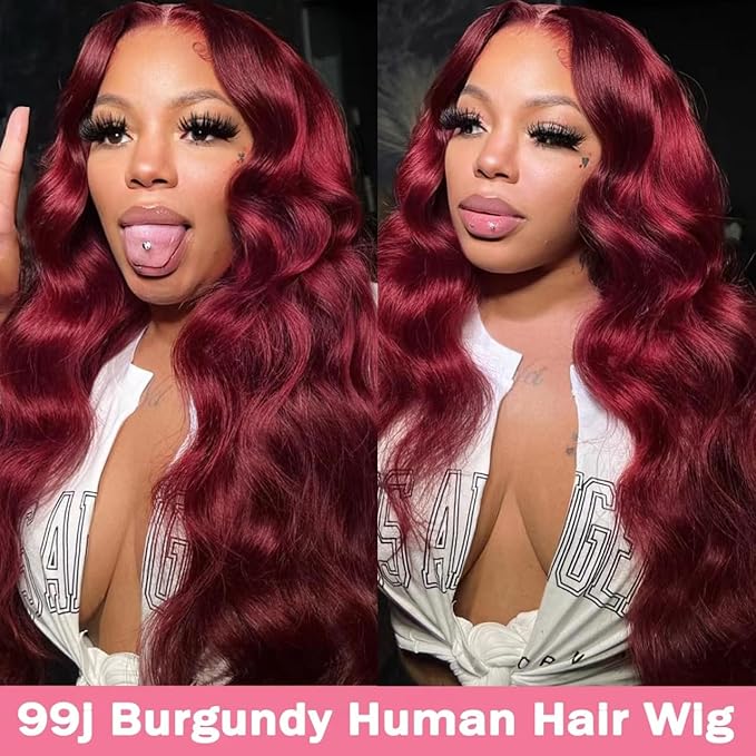 99J Burgundy wig human hair 13x4 body wave lace front wigs human hair 180 Density Pre Plucked Glueless Wine red colored lace front wig for Women 26inch
