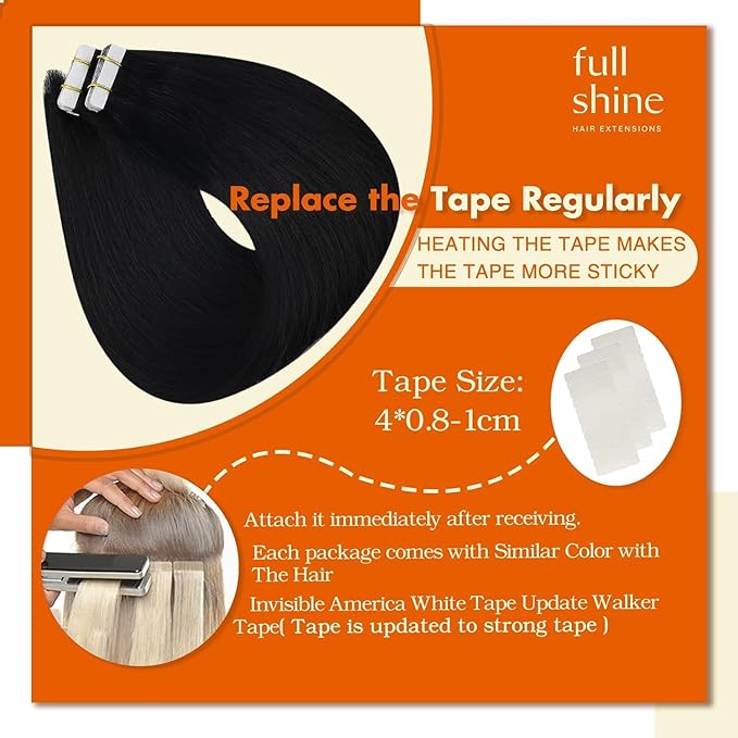 Full Shine Tape ins Human Hair Extensions 22Inch Black Remy Hair Extension Real Human Hair Seamless Skin Weft for Long Extension 20Pcs 50G Tape in Double Sided Tapes for Wedding Add Length