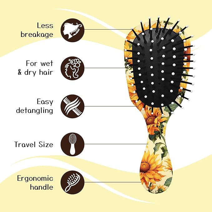 Mini Hair Brush,Cute Detangling Travel Hair Brush,Soft Bristles for Effortless Tangle Removal,Detangler Hairbrush for Women Men Boys Girls Kids Wet Dry All Hair Types (Yellow Sunflower, Mini)