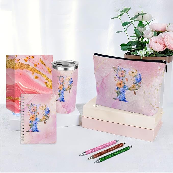 Personalized Gifts Monogrammed Birthday Gifts for Women, Mommy, Female Going Away Christmas, Initial 20 oz Tumbler, Makeup Cosmetic Bag Cup Pens Journal Notebook 6 Set, (Aesthetic Pink Flower P)
