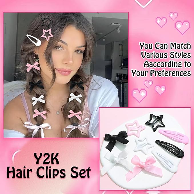 36Pcs Valentine's Day Pink Bow Hair Clips Y2K Star Hair Barrettes for Women Metal Snap Hair Clips Mini Black Satin Hair Bows Water Drop No Slip Hair Pins Accessories for Girls
