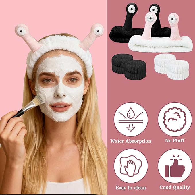 Snail Face Wash Headband Skincare & Wrist Bands for Washing Face Set Cute Spa Headband for Women and Wrist Faces Wash Bands for Shower, Facial Cleaning, Soft Coral Fleece Makeup Headbands,Black&White
