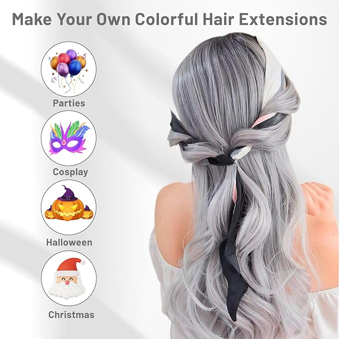 16 Pcs Colored Hair Extensions Curly Wavy Clip in Synthetic Hair Extensions,Colorful Sliver Gray Highlights Hairpiece Streak for Girls Women Kids Christmas Cosplay Party Gift(Grey)