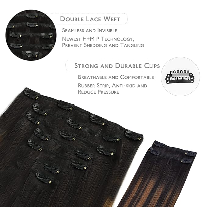 WENNALIFE Clip in Hair Extensions, 150g 24 Inch 9pcs Balayage Natural Black to Chestnut Brown Remy Hair Thicker Double Weft Extensiones De Cabello Humano Con Clip Ins Straight Full Volume