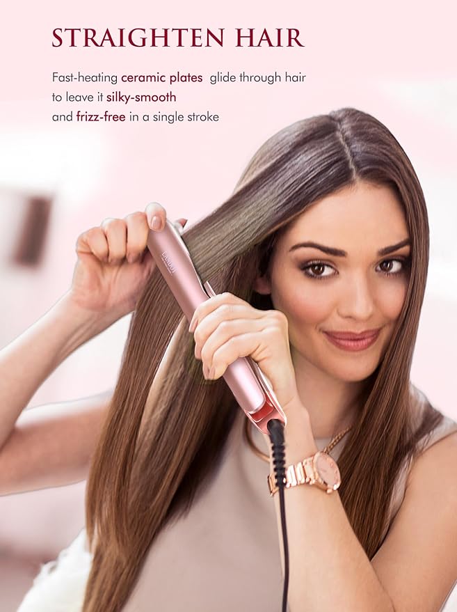 LANDOT 2-in-1 Hair Straightener and Curling Iron: Twist Flat Iron Curler for Curl Wave Straighten - Ceramic Straightening Iron Dual Voltage 12 Temp 250-450F for Smooth Curls & Sleek Straight Results