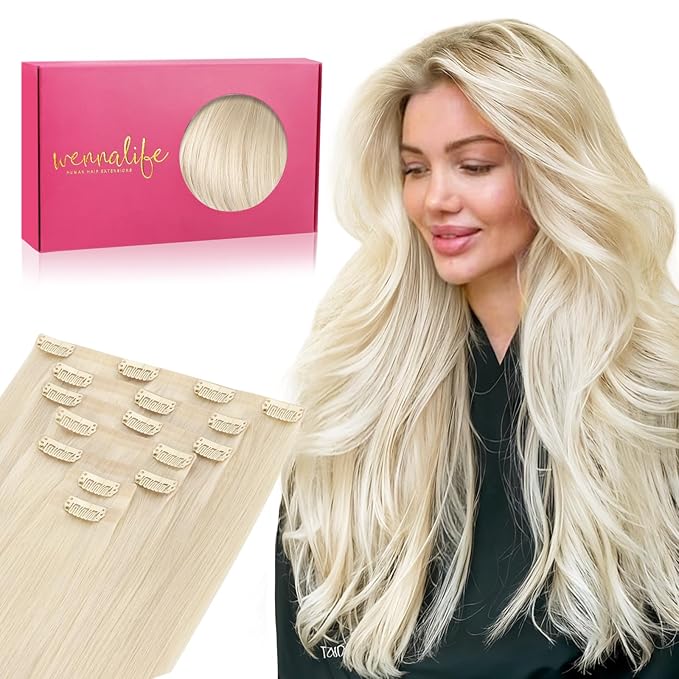 WENNALIFE Seamless Clip In Hair Extensions Human Hair, 18 Inch 130g 7pcs Platinum Blonde Real Hair Extensions Clip in Human Hair Invisible PU Skin Weft Natural Remy Human Hair Extensions