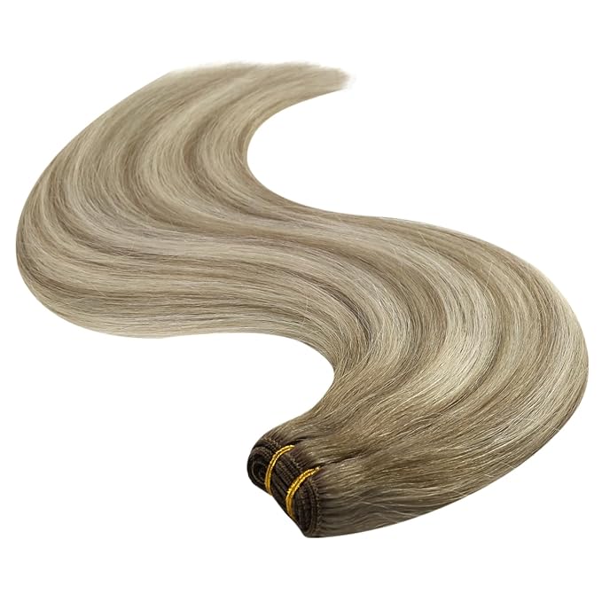 YoungSee Hair Extensions Weft Light Brown Sew in Extensions Hand Tied Weft Hair Extensions Human Hair Light Brown Mix Platinum Blonde Thick Remy Hair for Full Head 18Inch 100g
