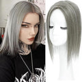 Hair Toppers for Women Real Human Hair, 360° 3D Human with Thinning Upgrade Middle Part Clip in Bangs Topper Hair Pieces for Women Daily (Gray, 14 Inch-3D-Side)
