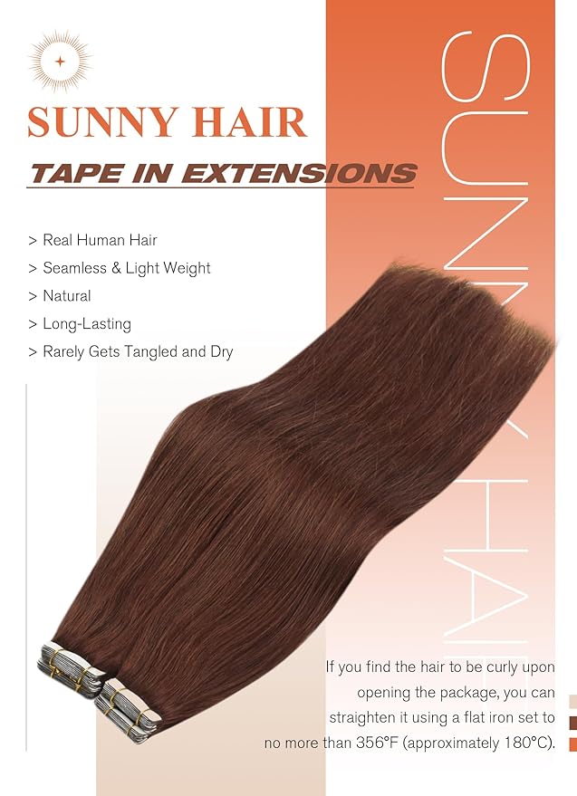 Sunny Hair Tape in Hair Extensions Real Human Hair Invisible Remy Hair Extensions Tape ins for Women Auburn Brown 18 inch 20Pcs 50G