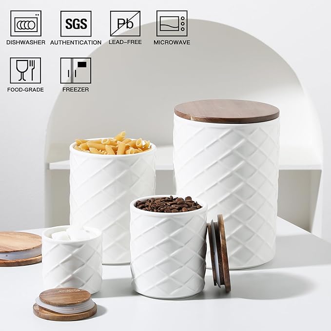 Sweejar Ceramic Canisters Sets for Kitchen Countertop, Relief Food Storage Jar with Bamboo Lid, Stackable Container for Flour, Coffee, Pasta, Cereal, Tea, Sugar, Spices, Pack of 4 (Walnut White)