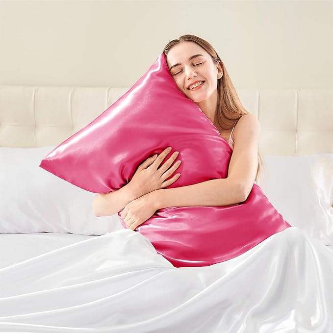 BEDELITE Satin Pillowcase with Zipper, Hot Pink King Size Pillow Cases Set of 2, Super Soft and Cooling Similar to Silk Pillow Cases, Gift for Women Men(20x40 Inches)