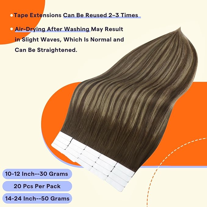 Full Shine Tape in Hair Extensions 24 Inch Color 4 Brown Fading to 24 Honey Blonde and 4 Brown Invisible Double Sided Remy Hair Extensions Tape in 100g Straight Seamless Skin Weft 40PCS Add Length