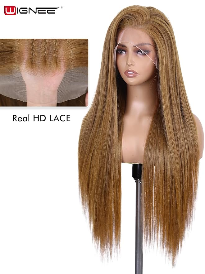 WIGNEE 13x6 Synthetic Lace Front Wig 28" Mixed Brown Wig Pre-Plucked Handmade Lace Front Wigs with Kanekalon Futura Hair Voluminous Long Straight Synthetic Wigs for Daily Party Use