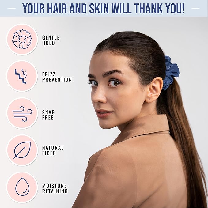 Blissy Silk Scrunchies (3 Pack) - 100% Pure Mulberry Silk - 22 Momme 6A High-Grade Fibers Scrunchie for Straight & Curly Hair - Preventing Breakage, Tangling, & Creasing (Blue Regular)