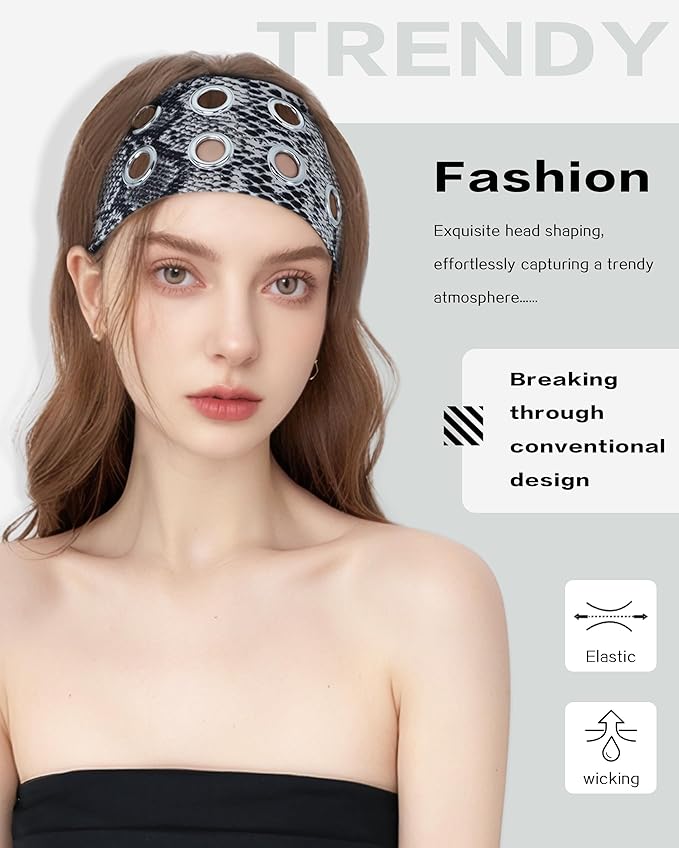 Grommet Headband for Women, Grey Snake 23cm Hollow Out Elastic Hair Band, Eyelets Punk Grunge Stylish Hairband