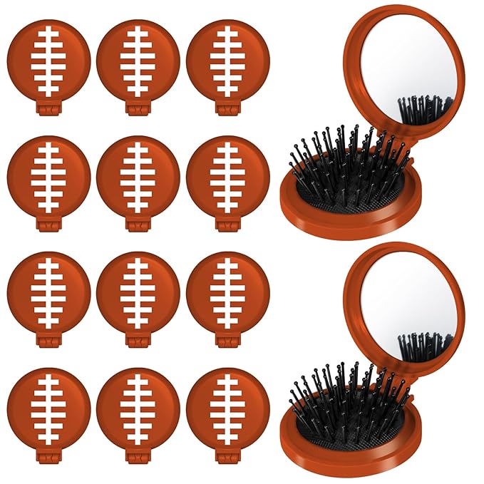 12 Pcs Football Mini Detangler Brush, Folding Mirror Hair Brushes, Travel Hair Brush, No Tangle Soft Flexible Bristles for Straight, Curly, Thick Hair for Football Team Gift Sport Party
