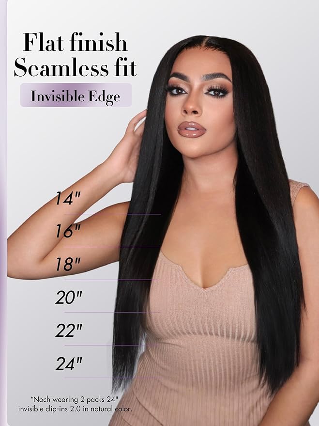 LUVME Invisible Clip in Hair Extensions, Yaki Straight Real Human Hair Remy Hair Clip ins for Women, Natural Human Hair, 22 inch 110g 6Pcs, Natural Black
