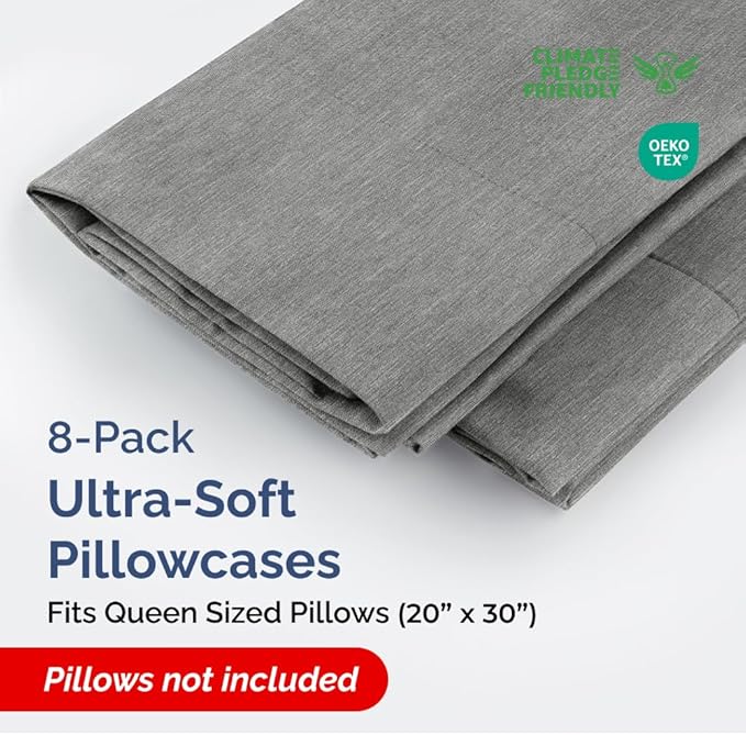 Queen Pillow Cases Set of 8 - Ultra Soft Hotel Quality Pillowcase Covers - Comfy & Wrinkle Free - Shrink, Stain and Fade Resistant - Machine Washable Pillow Protectors - 8 Piece Set - Heathered Grey