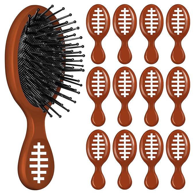 12 Pcs Football Mini Detangler Brush, Mini Travel Hair Brush, Bristles Plastic Detangling Brush, No Tangle Soft Flexible Bristles for Straight, Curly, Thick Hair for Football Team Gift Sport Party
