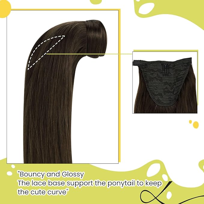 RUANTURE Clip in Ponytail Hair Extensions Human Hair Chocolate Brown Real Hair Ponytail Extension Straight Wrap Around Ponytail Human Hair Extension 16 Inch 80g Thick Pony Tails Hair Extensions