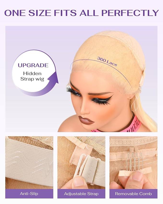 Hidden Strap Body Wave 360 613 Lace Front Wig Human Hair Glueless Wigs Human hair Pre Plucked Pre Bleached 180% Density Blonde Wig With Drawstring HD Full Lace Human Hair Wigs 20Inch