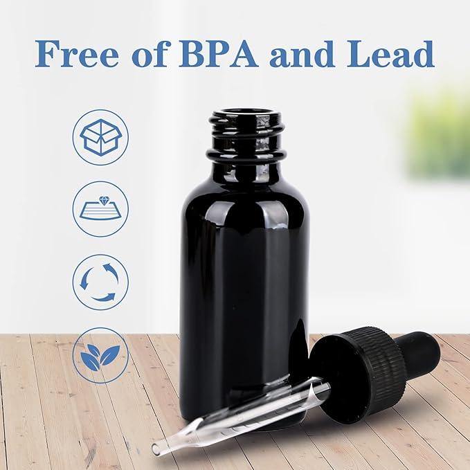 1 oz UV Resistant Dropper Bottle 12 Pack Black Glass Boston Bottles 30ml with Eye Droppers Black Caps for Essential Oils, Perfume, Leak Proof Travel Bottles for Liquids