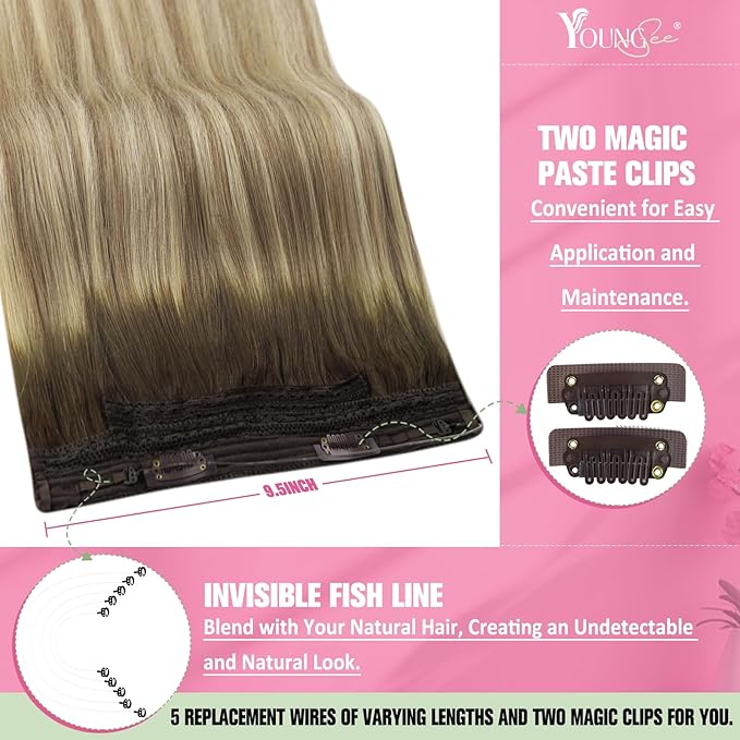 YoungSee Invisible Wire Hair Extensions Brown Balayage Human Hair Wire Extensions Walnut Brown Ombre Blonde Highlights One Piece Hair Extensions Heat-Stylable Straight Hair 16inch 80g