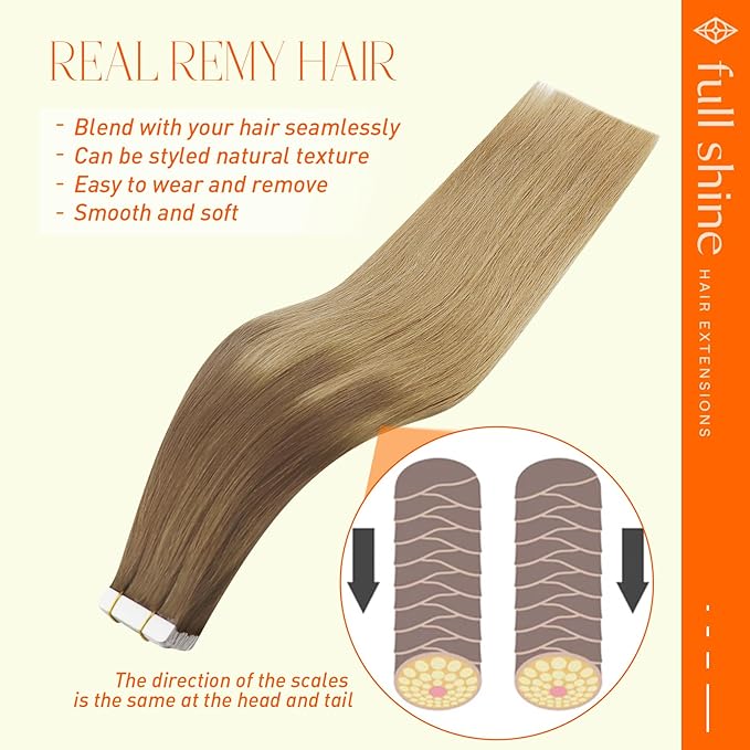 Full Shine Tape in Hair Extensions Human Hair Color 10/14 Ombre Blonde Tape in Extensions 22 Inch Invisible Seamless Extension Silky Straight Real Remy Adhesive Skin Weft 20 Pcs 50 Grams