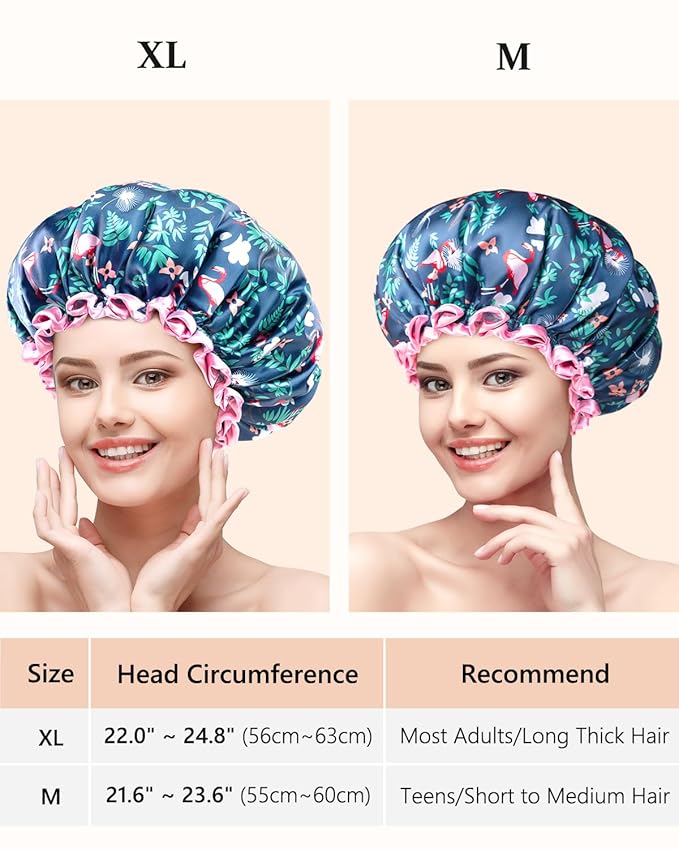 mikimini Large Shower Cap for Women Long Hair, Flamingo Shower Caps with Pink Lace, Double-layer Waterproof, Reusable, Washable,X-Large (Pack of 1)