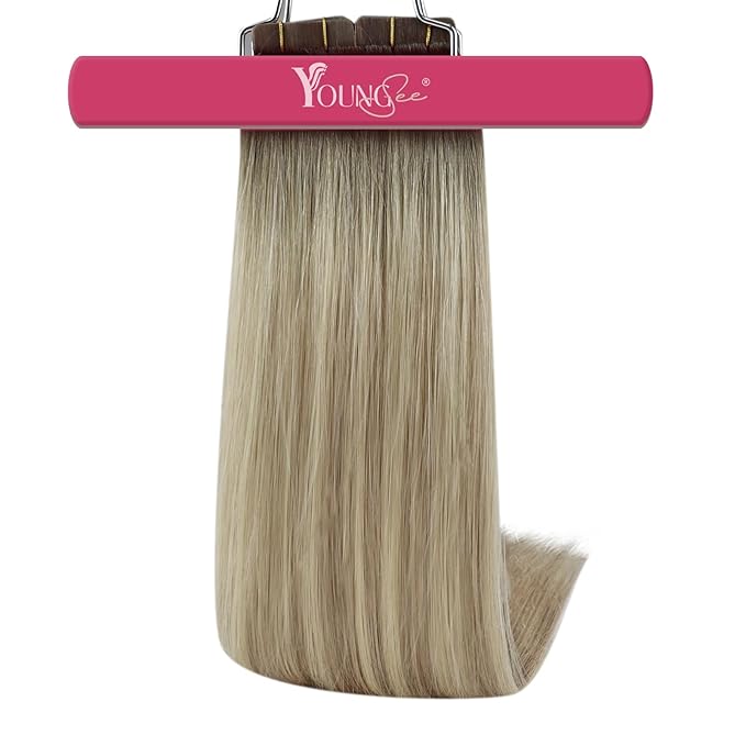 YoungSee Tape in Hair Extensions Human Hair Balayage Blonde Tape in Hair Extensions Ash Blonde with Platinum Blond Tape-in Human Hair Extension Ombre Tap ins Extension 20In 50g 20pcs for Wedding