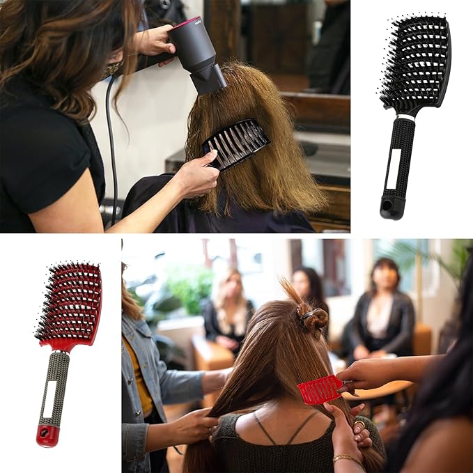 2pack Boar Bristle Hair Brush No Pull Curved Vented Hair Brushes Detangler Brush Fast Blow Drying Hair Brush for Kids Men Women Wet Dry Long Thin Thick Curly Tangled Hair (red+black)
